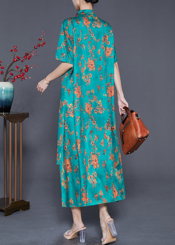 DIY Green Tasseled Print Silk Long Dress Summer