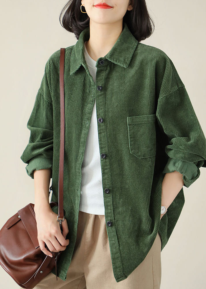 DIY Green Turn-down Collar Oversized Pocket Corduroy Blouse Top Spring