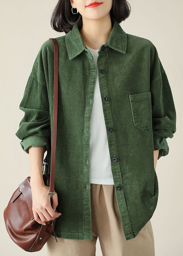 DIY Green Turn-down Collar Oversized Pocket Corduroy Blouse Top Spring