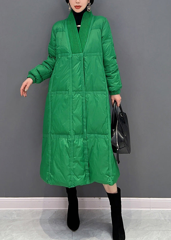 DIY Green V Neck Button Thick Duck Down Down Coat Winter