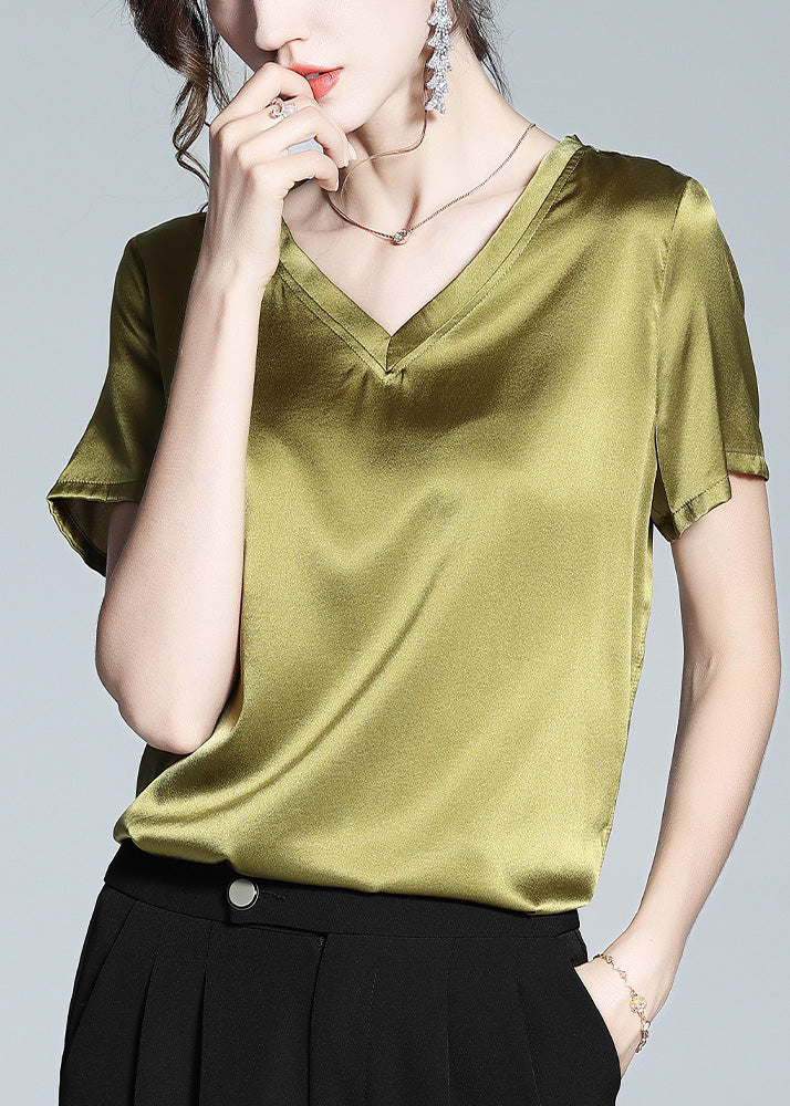 DIY Green V Neck Solid Silk Top Summer