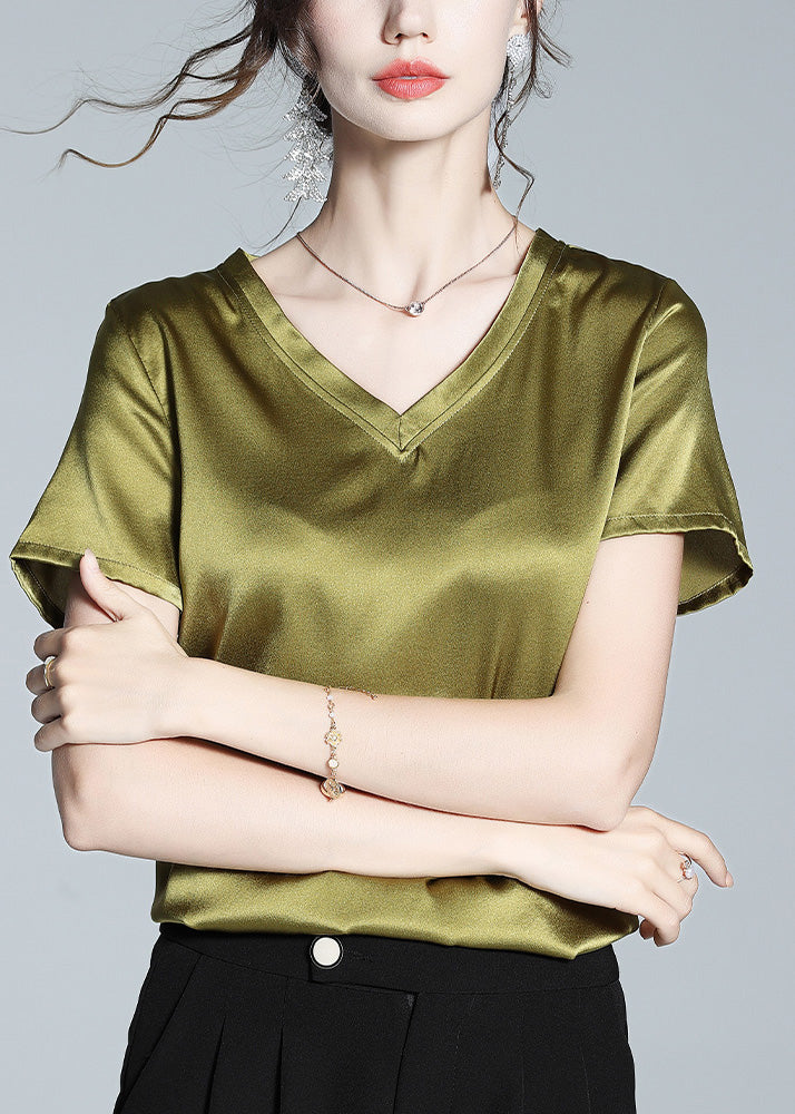 DIY Green V Neck Solid Silk Top Summer