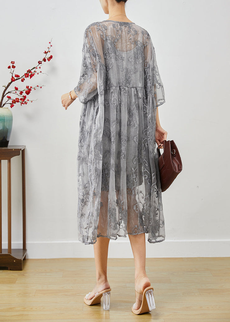 DIY Grey Embroideried Tulle Party Dress Two Piece Set Summer