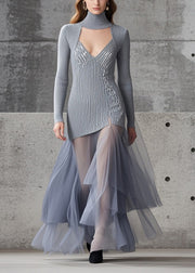 DIY Grey High Neck Patchwork Tulle Silm Fit Knitwear Dress Fall