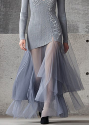 DIY Grey High Neck Patchwork Tulle Silm Fit Knitwear Dress Fall