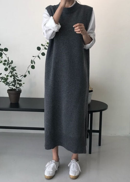 DIY Grey O Neck Patchwork Knit Vest Dress Sleeveless