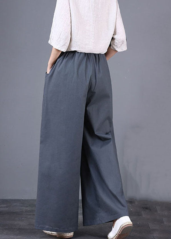 DIY Grey Pockets Elastic Waist Patchwork Cotton Wide Leg Pants Summer