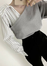 DIY Grey V Neck Cross Patchwork Knit Shirt Tops Spring