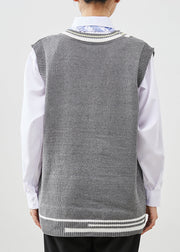 DIY Grey V Neck Knit Vest And Shirt Three Pieces Set Spring