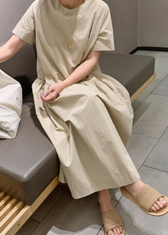 DIY Khaki O-Neck Wrinkled Patchwork Solid Cotton Long Dresses Short Sleeve