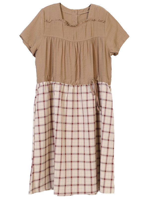 DIY Khaki Square Collar Wrinkled Ruffled Drawstring Plaid Maxi Dresses Short Sleeve