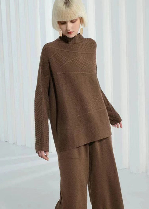 DIY Khaki Stand Collar Oversized Side Open Knit Sweaters Long Sleeve