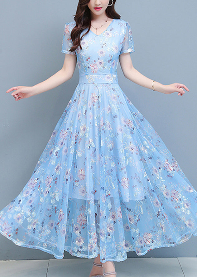 DIY Light Blue Print Chiffon Long Beach Dresses Summer