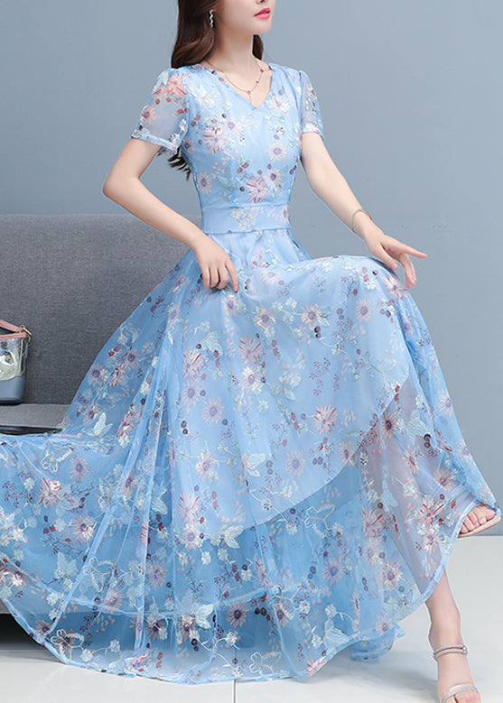 DIY Light Blue Print Chiffon Long Beach Dresses Summer