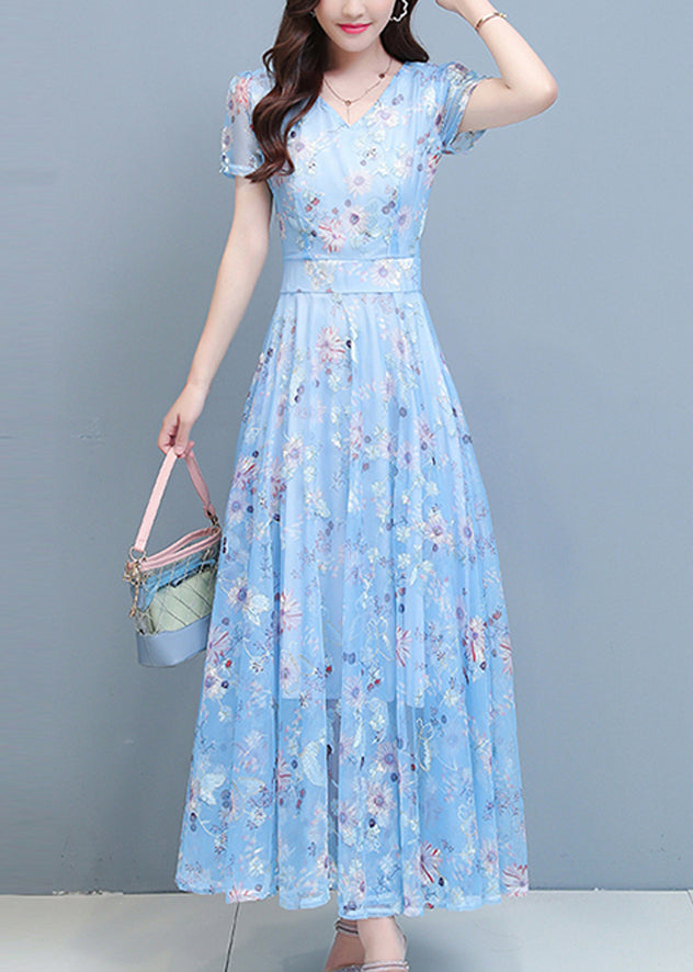 DIY Light Blue Print Chiffon Long Beach Dresses Summer