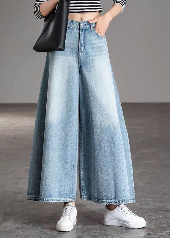 DIY Light Blue-chrysanthemum fashion Pockets Casual Wide Leg Fall Denim Pants