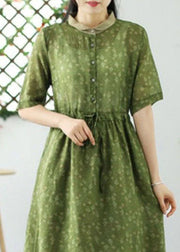 DIY Light Green Print Drawstring Button Patchwork Linen Dress Summer