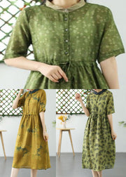 DIY Light Green Print Drawstring Button Patchwork Linen Dress Summer