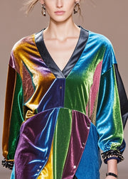 DIY Multicolour Asymmetrical Patchwork Silk Velour Shirt Tops Fall