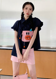 DIY Navy Asymmetrical Design Cartoon Pocket Cotton Shirt Puff Sleeve