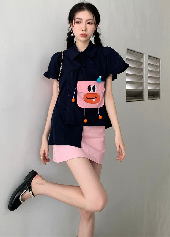 DIY Navy Asymmetrical Design Cartoon Pocket Cotton Shirt Puff Sleeve