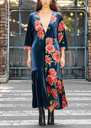 DIY Navy Deep-V Neck Floral Silk Velvet Maxi Dress Bracelet Sleeve