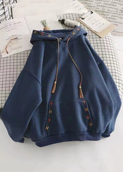 DIY Navy Hooded Embroidered Cotton Sweatshirts Top Spring