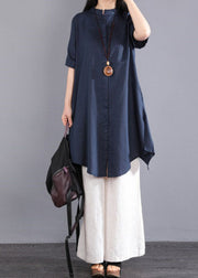 DIY Navy Stand Collar Asymmetrical Design Button Cotton Long Shirt Short Sleeve