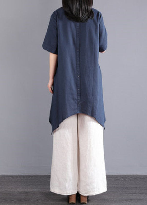 DIY Navy Stand Collar Asymmetrical Design Button Cotton Long Shirt Short Sleeve