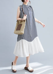 DIY Navy Stand Collar Patchwork Striped Dresses Sleeveless