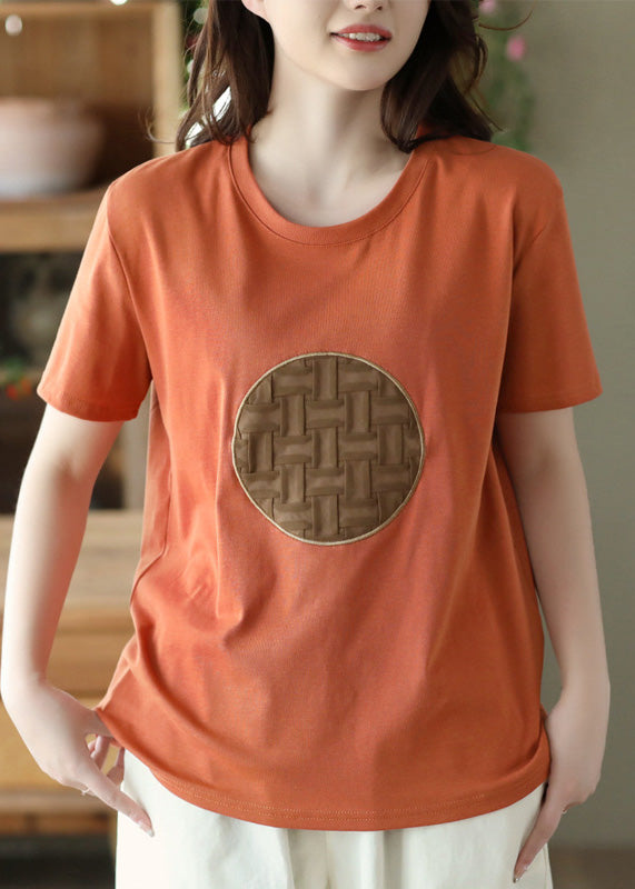 DIY Orange O-Neck Patchwork Cotton T Shirt Short Sleeve