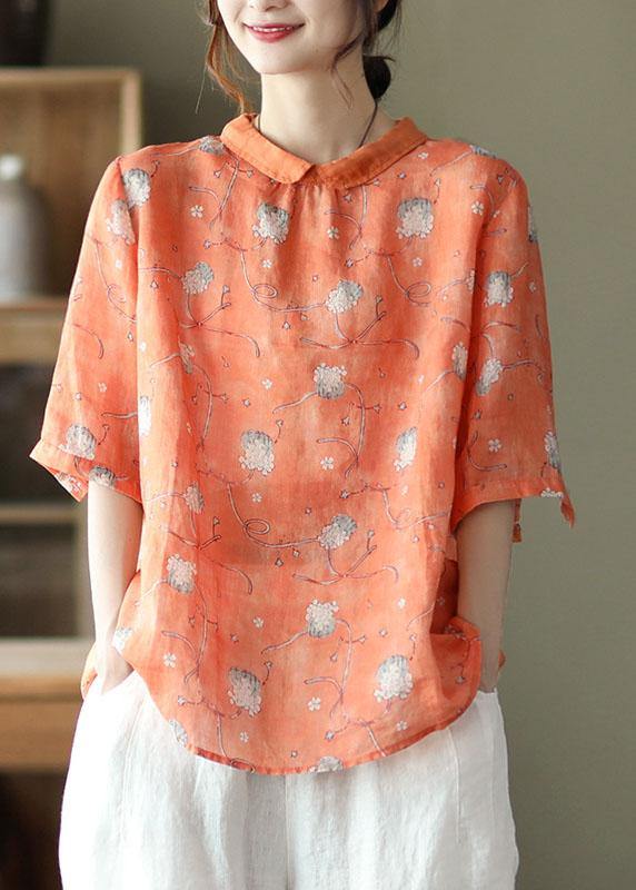 DIY Orange Print Ramie Half Sleeve Shirt Summer - bagstylebliss