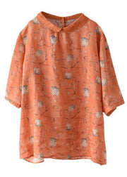 DIY Orange Print Ramie Half Sleeve Shirt Summer - bagstylebliss