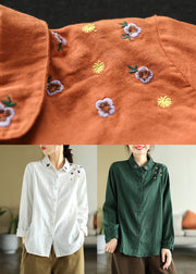 DIY Orange Turn-down Collar Embroideried Cotton Shirts Spring