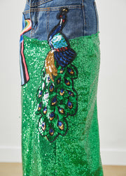 DIY Peacock Embroidered Patchwork Sequins Denim Skirt Fall