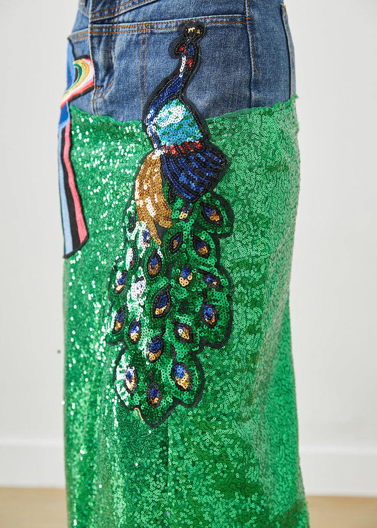 DIY Peacock Embroidered Patchwork Sequins Denim Skirt Fall