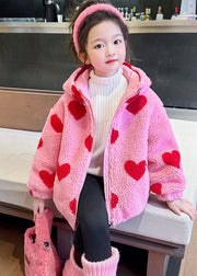 DIY Pink Love Print Faux Fur Girls Hooded Parka Winter