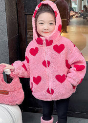 DIY Pink Love Print Faux Fur Girls Hooded Parka Winter