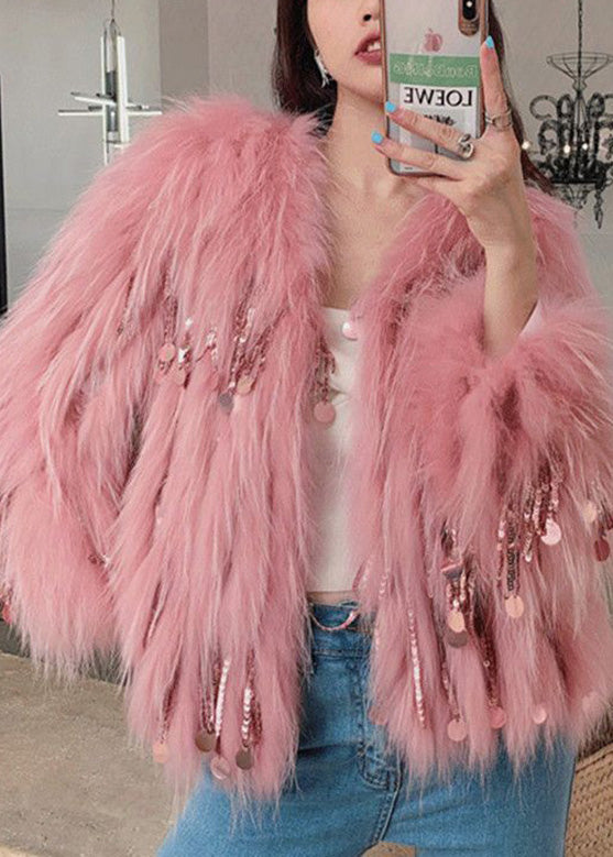 DIY Pink O-Neck Tassel Leather And Faux Fur Coats Winter