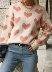 DIY Pink O Neck Thick Heart Jacquard Knit Pullover Fall