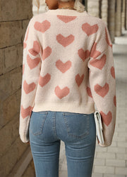 DIY Pink O Neck Thick Heart Jacquard Knit Pullover Fall