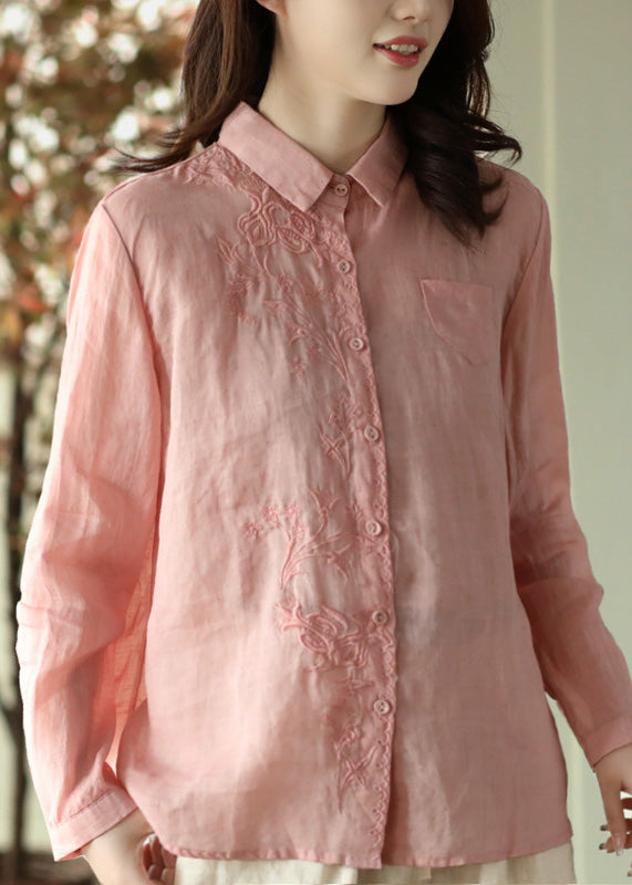 DIY Pink Peter Pan Collar Solid Ramie Shirts Spring