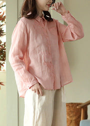 DIY Pink Peter Pan Collar Solid Ramie Shirts Spring