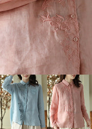 DIY Pink Peter Pan Collar Solid Ramie Shirts Spring