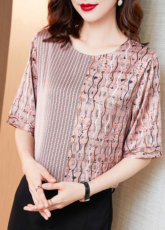 DIY Pink Print Striped Patchwork Silk T Shirt Short Sleeve