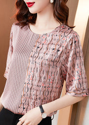 DIY Pink Print Striped Patchwork Silk T Shirt Short Sleeve