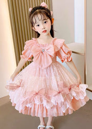 DIY Pink Square Collar Bow Patchwork Tulle Kids Vacation Long Dresses Summer