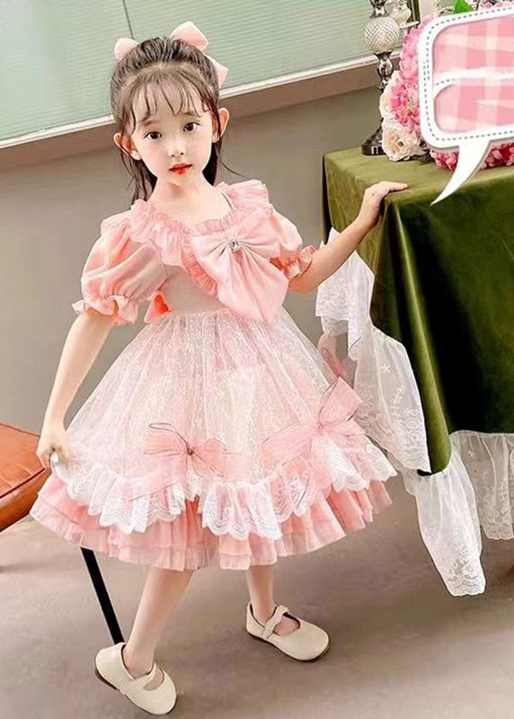 DIY Pink Square Collar Bow Patchwork Tulle Kids Vacation Long Dresses Summer