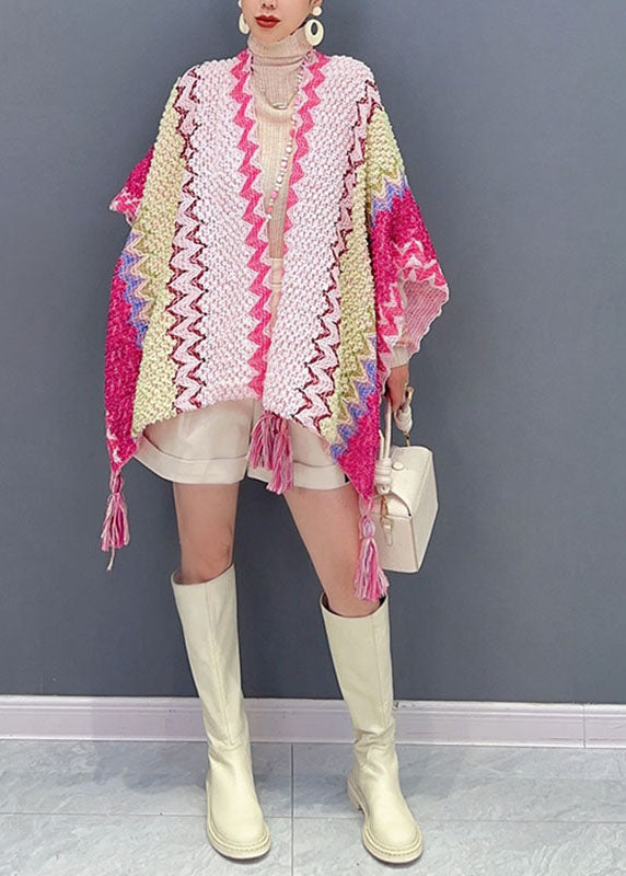 DIY Pink Striped Patchwork Tassel Knit Cape Fall