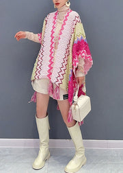 DIY Pink Striped Patchwork Tassel Knit Cape Fall